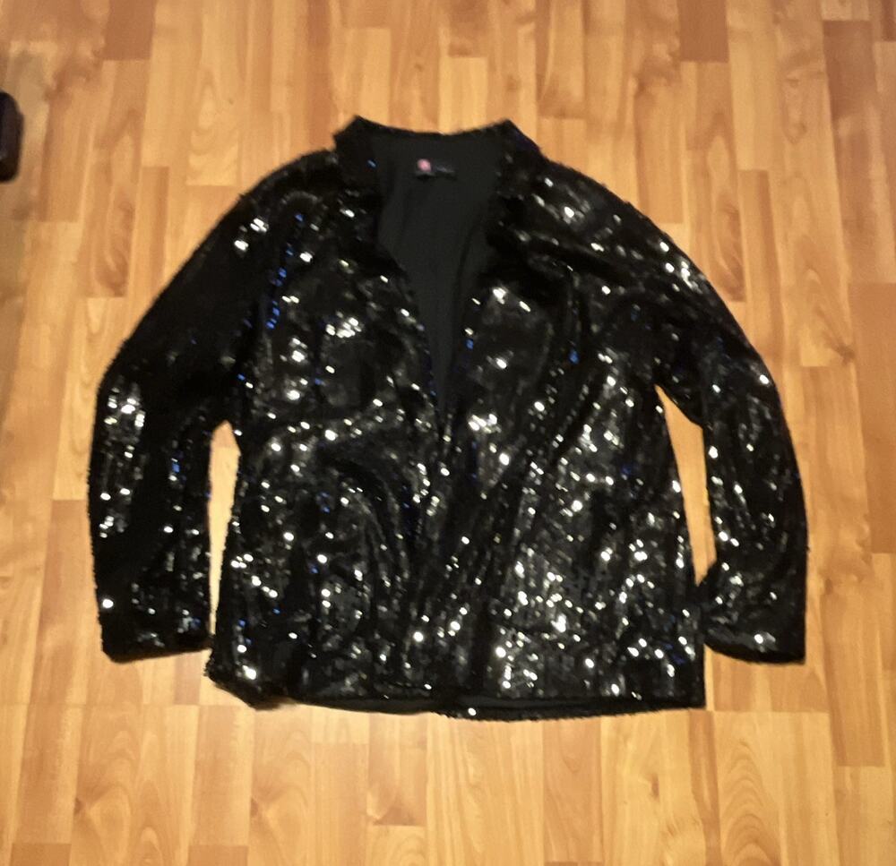 Kancy Kole Womens 2XL Black Sequin Open Front Jacket Pockets Lined Long Sleeve
